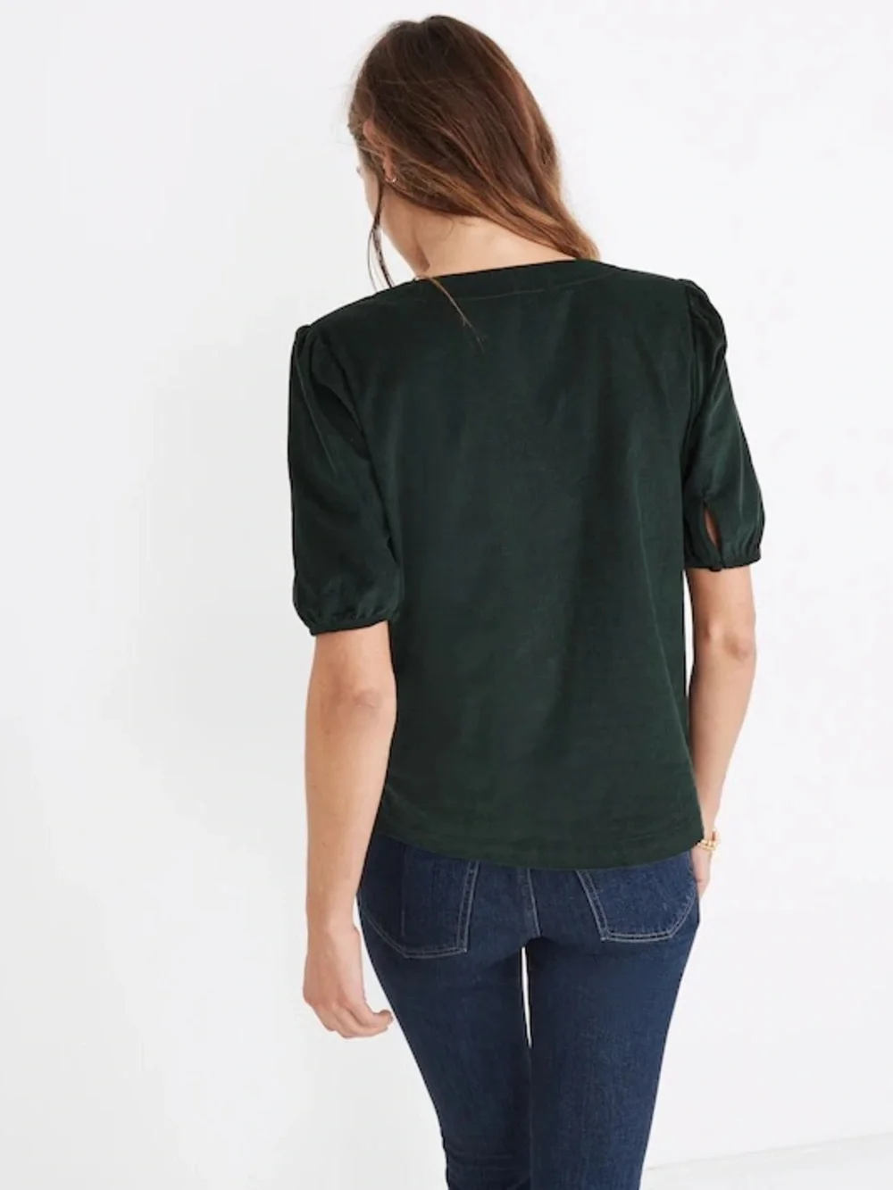 NWT Madewell Dark Green Corduroy V-Neck Button-Front Puff Sleeve Top